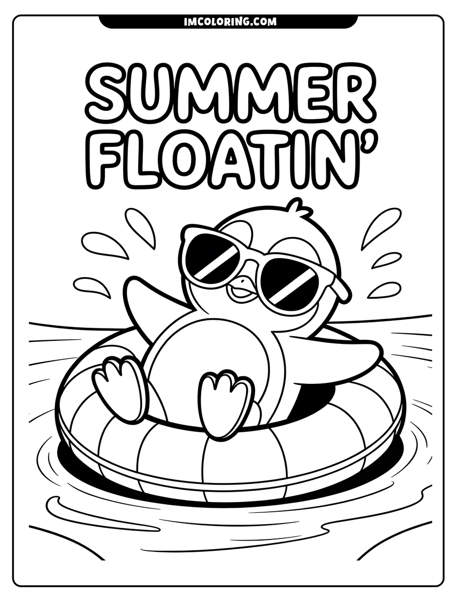 Outline of a penguin relaxing on an inner tube in the water, wearing sunglasses.