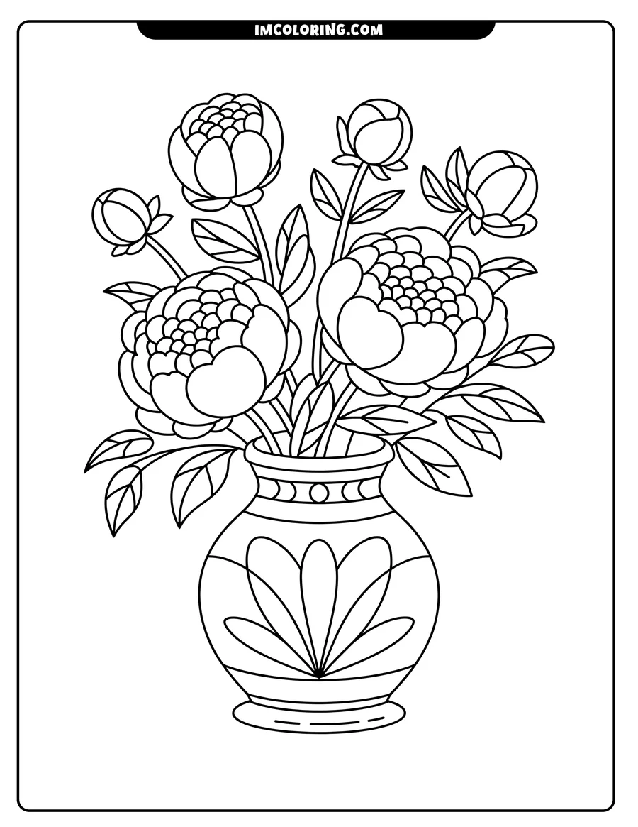 Line art of a bouquet of peonies in a decorated vase. Several blossoms and buds are visible, along with detailed leaves.