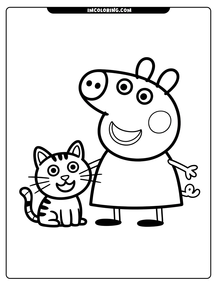 Outline of Peppa Pig standing beside a sitting cat.