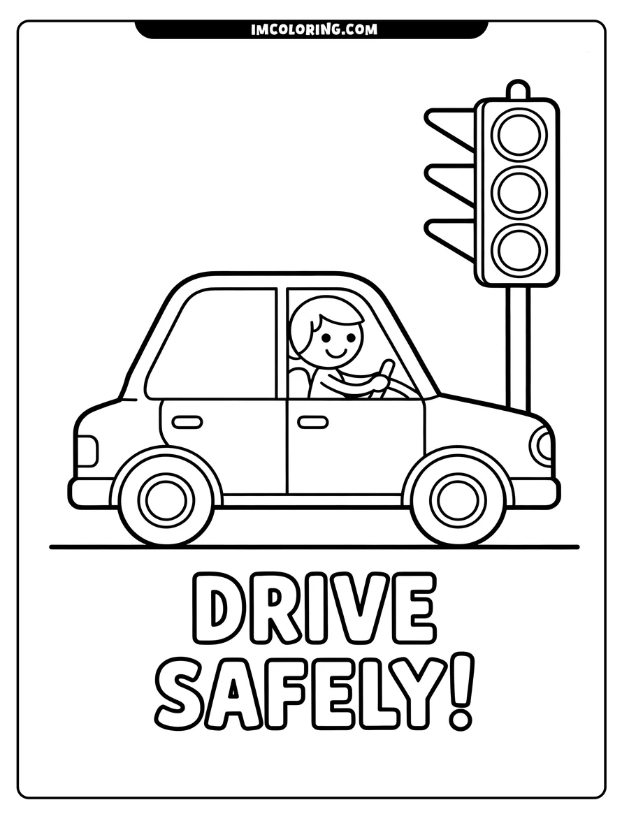 Line art of a person driving a car near a stoplight. The driver is smiling. The words 'Drive Safely' are printed below the car.