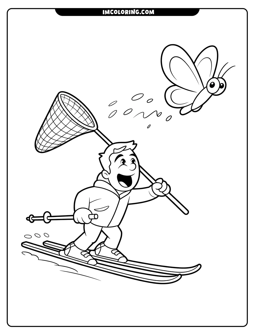 Line art of a person on skis trying to catch a butterfly with a net.
