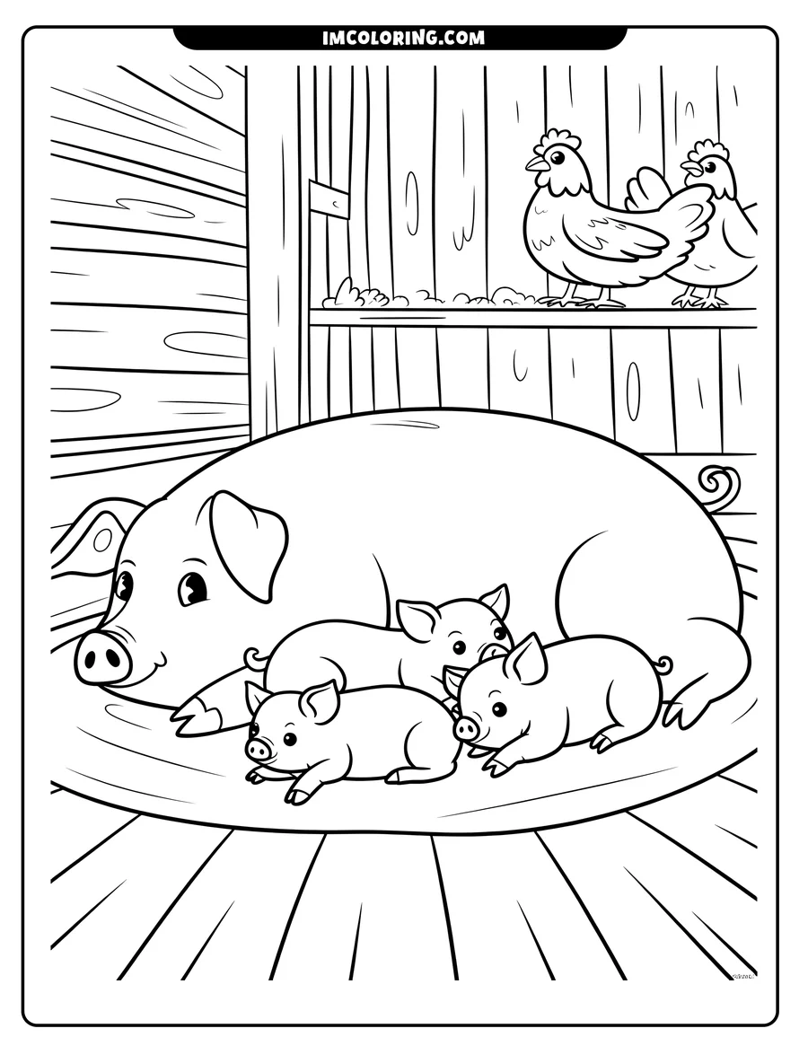 Line art of a mother pig lying down with three piglets on a rug in a barn, with two chickens perched on a shelf above.