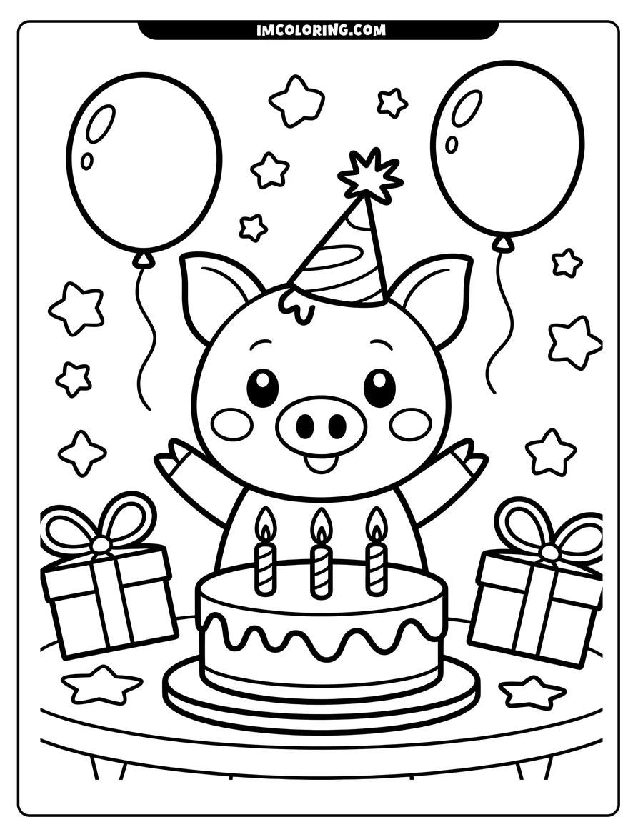 Line drawing of a happy pig with a birthday cake, presents, balloons, and star decorations.
