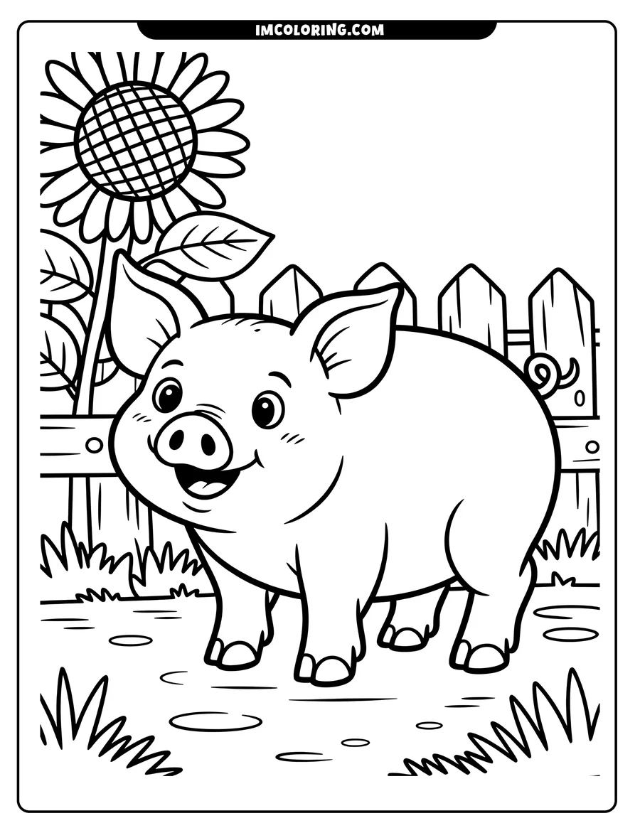 Outline of a cheerful cartoon pig standing near a wooden fence with a sunflower in the background.