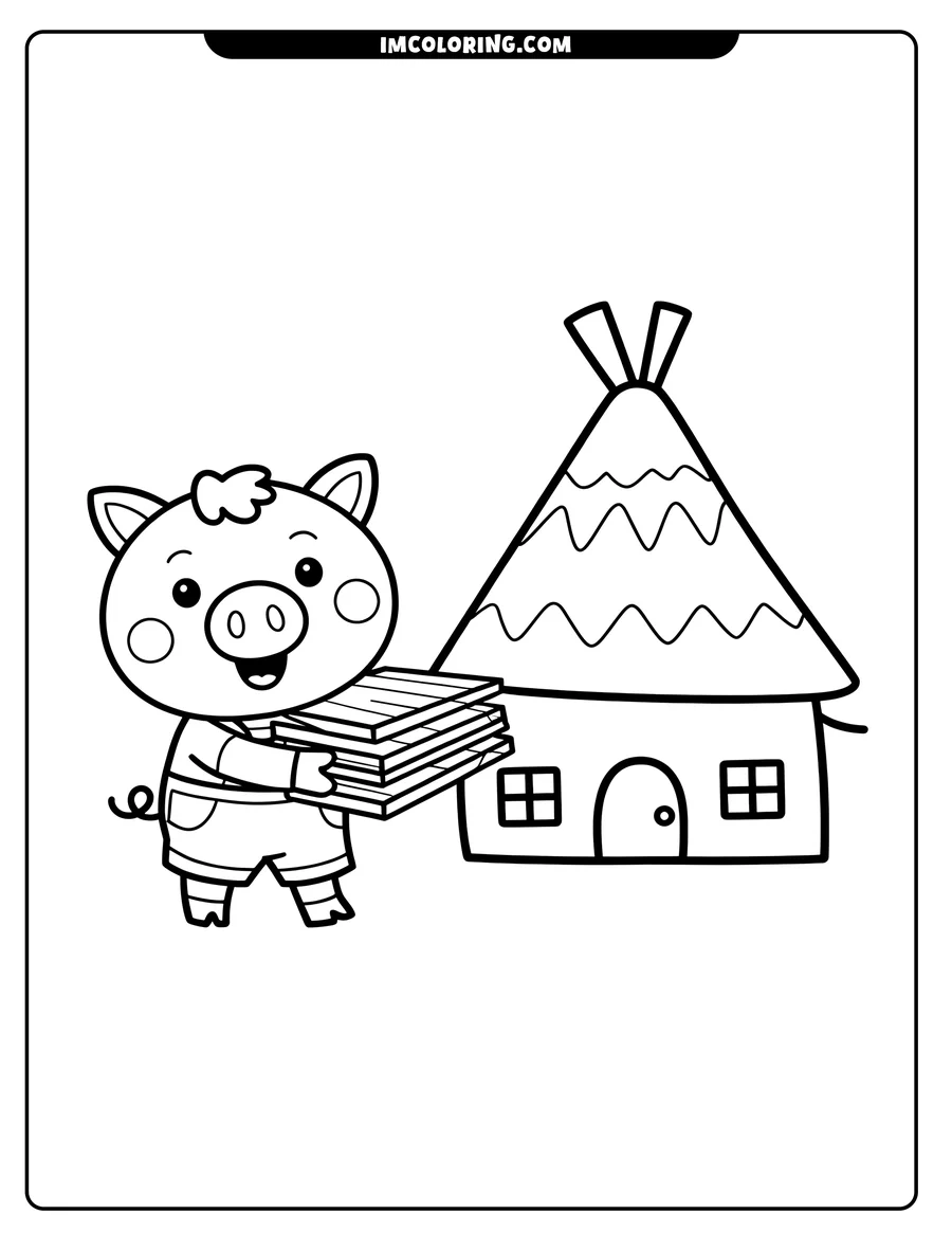 Line art of a pig carrying wooden planks near a small house