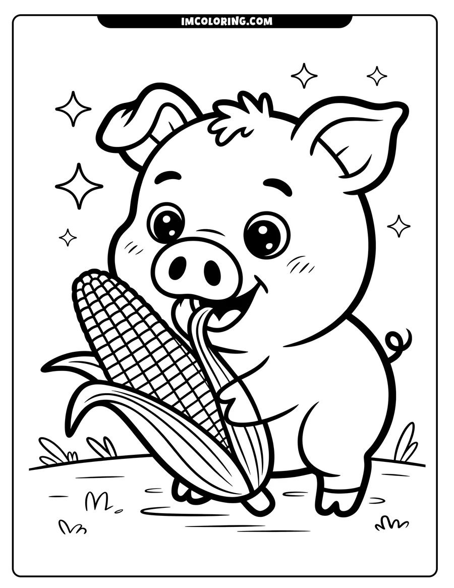 Outline of a cartoon pig happily licking an ear of corn.