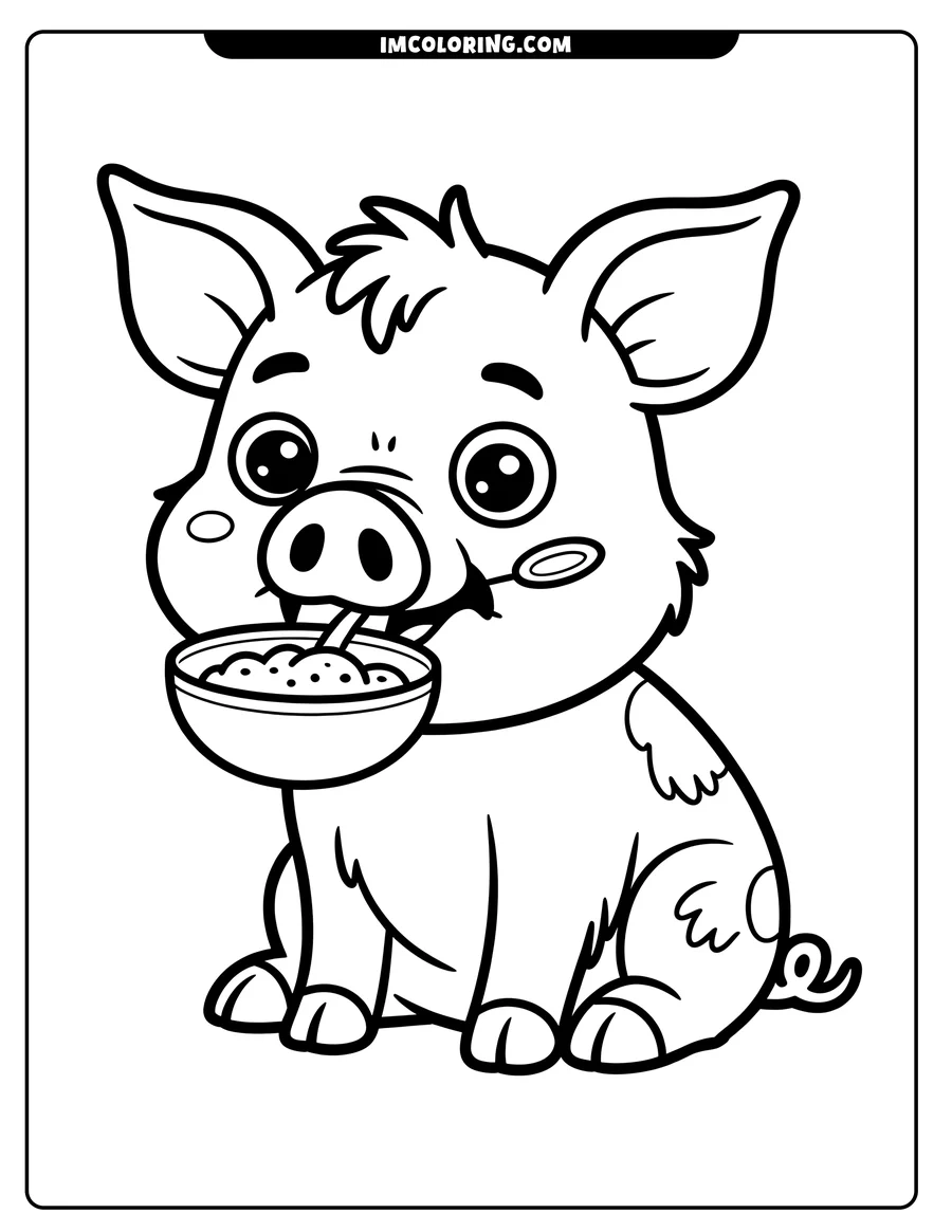 Line art of a pig sitting and eating from a bowl with a spoon.