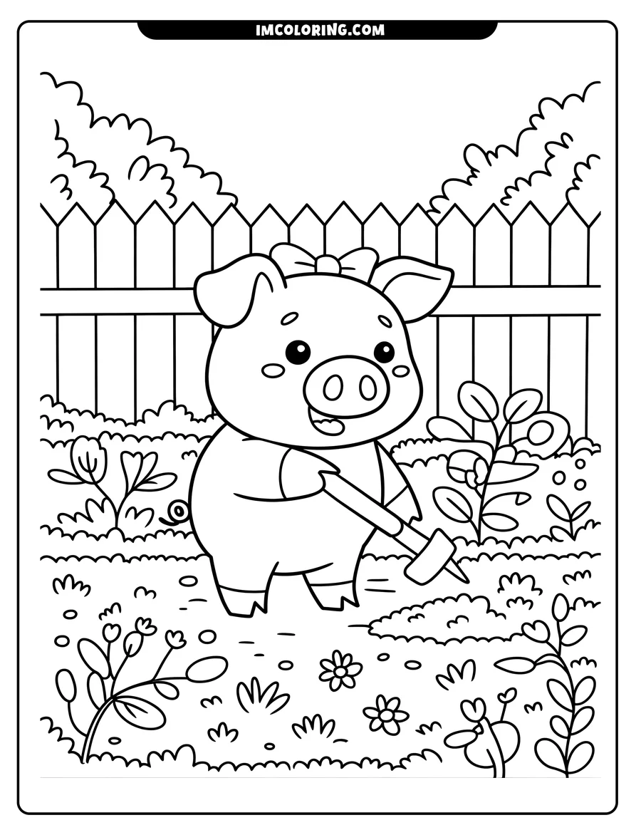 Line art of a pig gardening. The pig is holding a shovel and working near a small plant, with a fence and more plants in the background.
