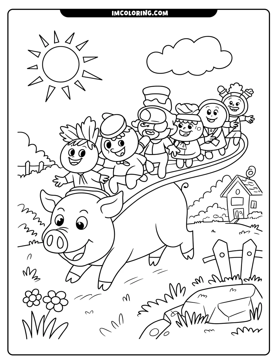 Line art of a smiling pig giving a group of children a ride on its back in a sunny field.