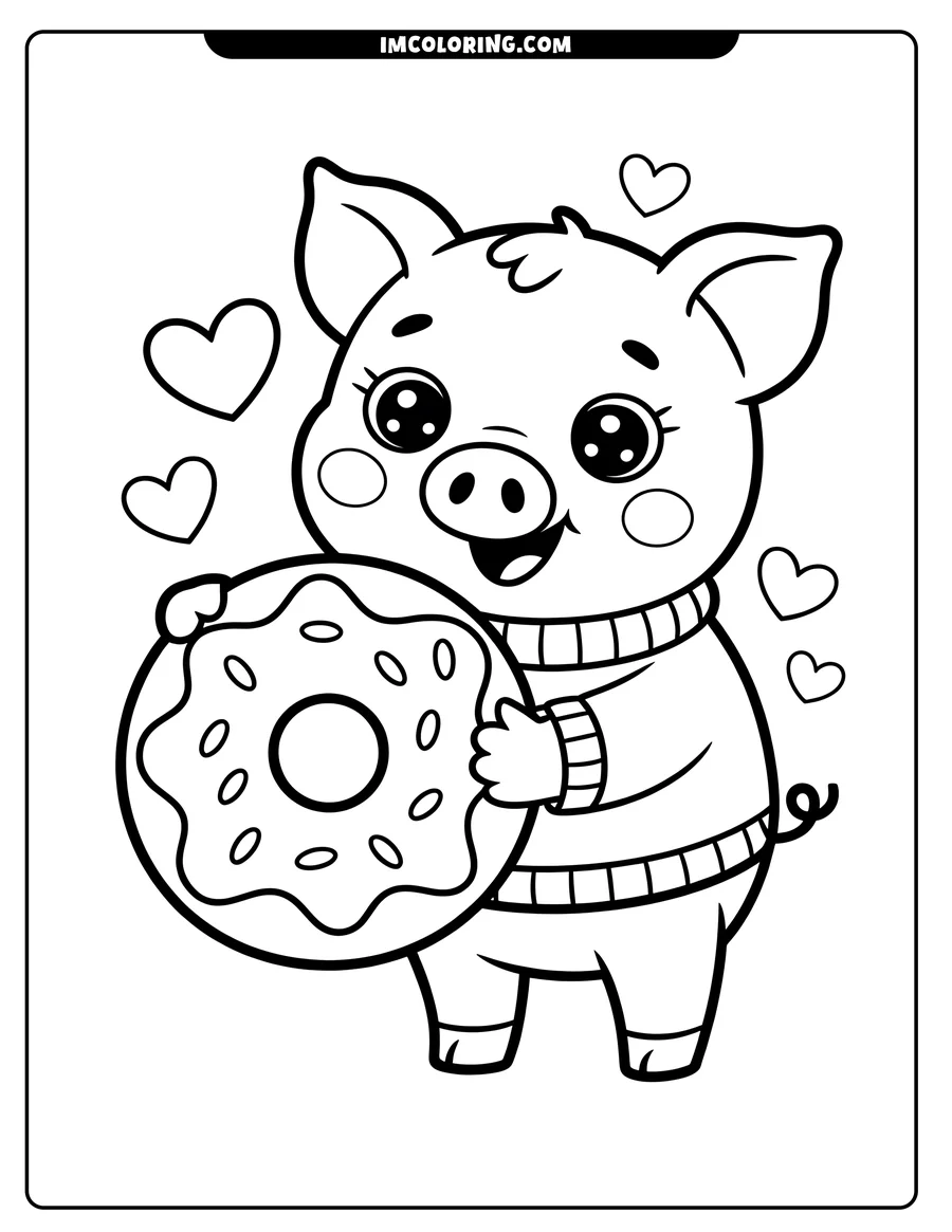 Line art of a pig holding a donut. The pig wears a striped sweater and has cute, big eyes.