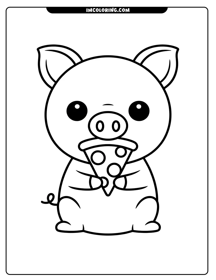 Outline of a cute pig sitting and holding a slice of pizza