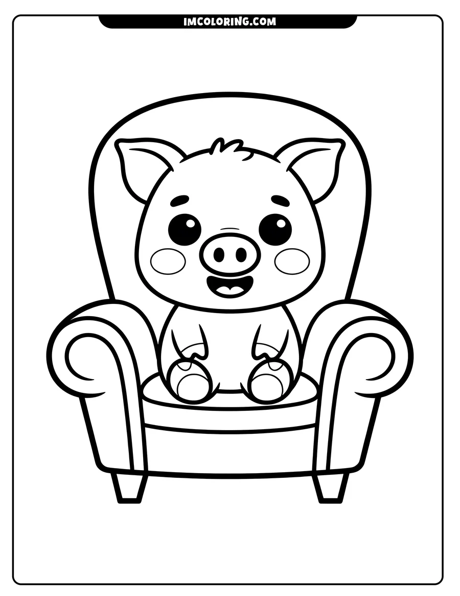 Outline of a cute pig sitting in an armchair. The pig looks happy and relaxed.