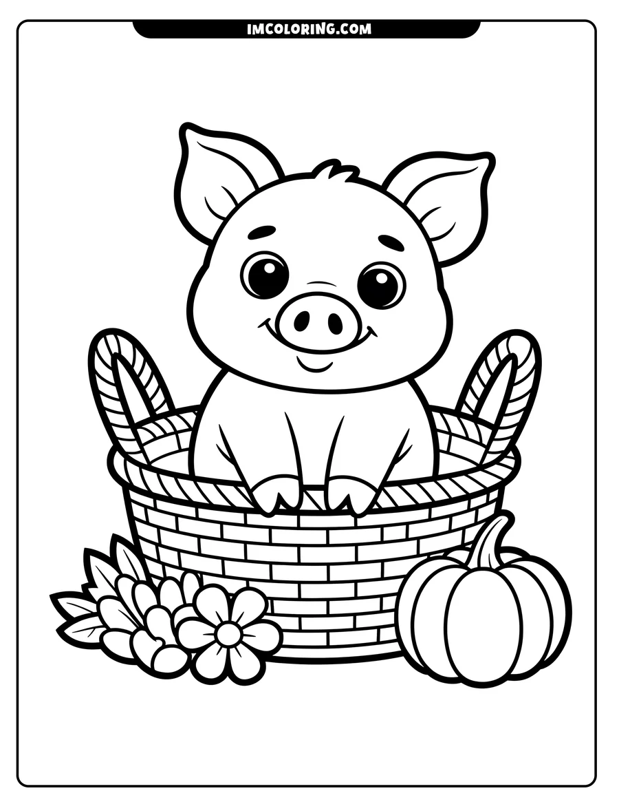 Outline of a pig sitting in a basket with a pumpkin and flowers beside it