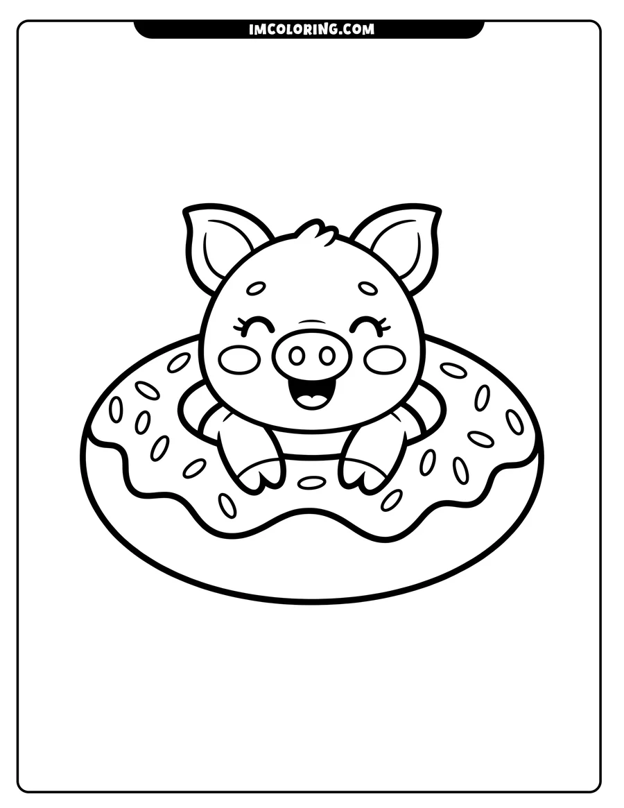 Line art of a pig sitting inside a donut with sprinkles