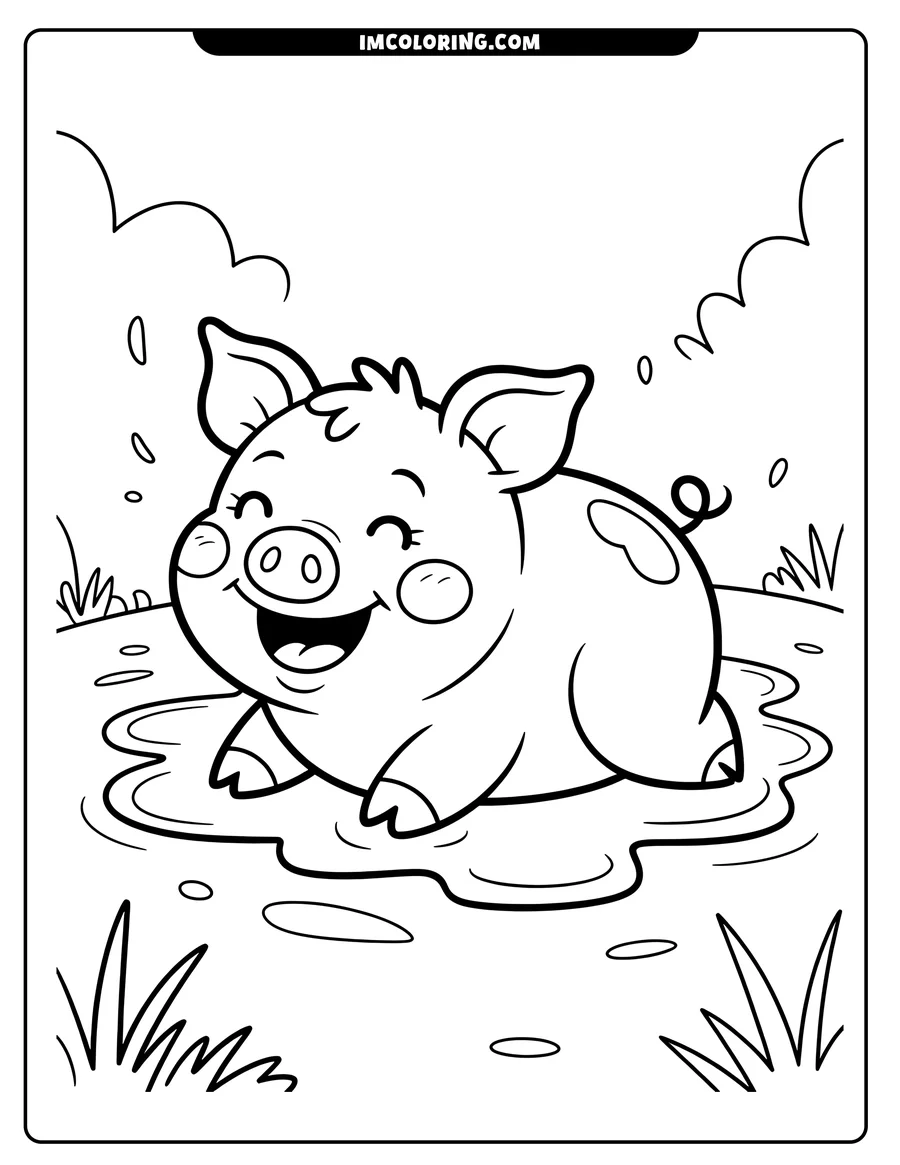 Line art of a happy pig lying in a mud puddle, surrounded by grass.