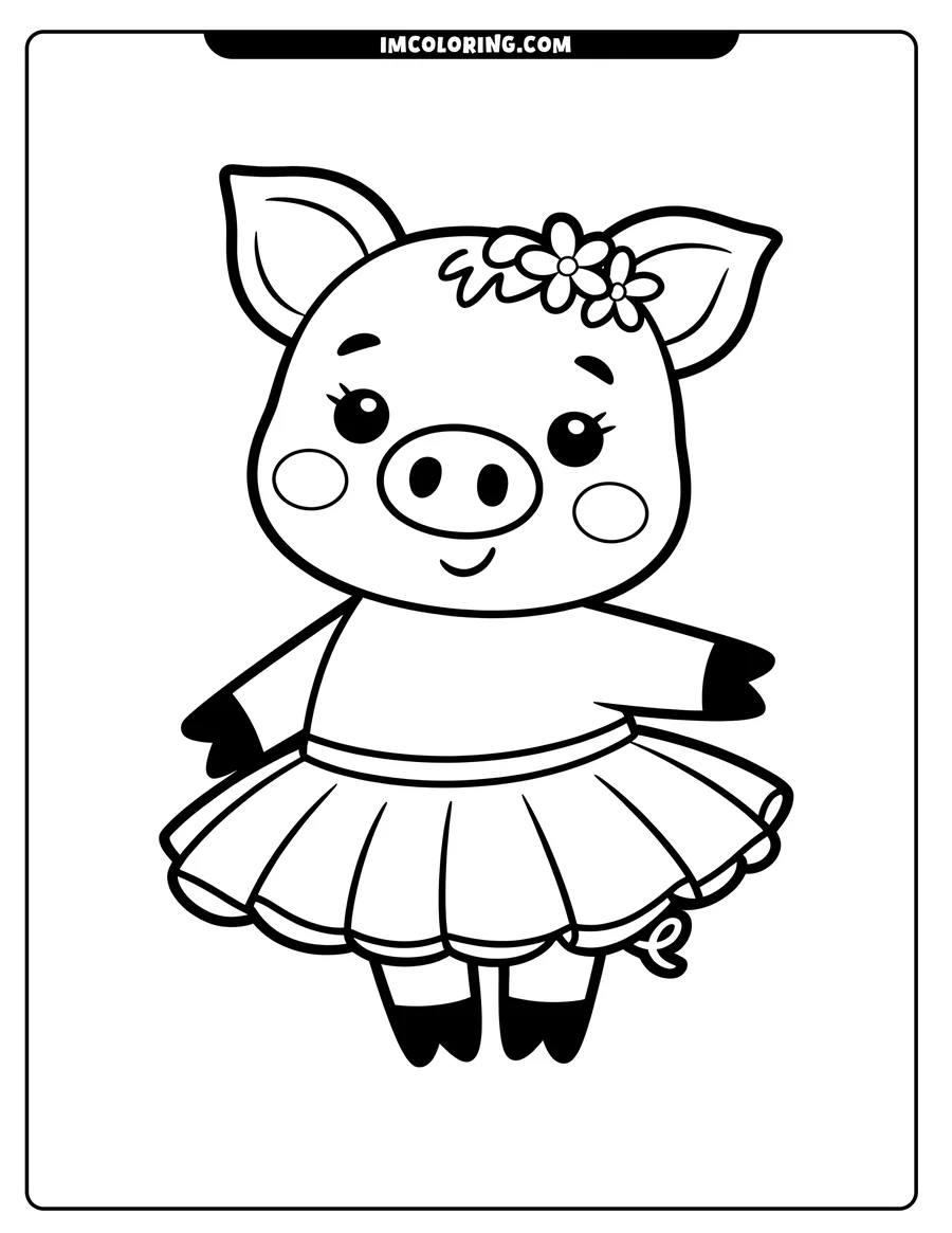 Outline of a pig wearing a skirt and small flowers in its hair
