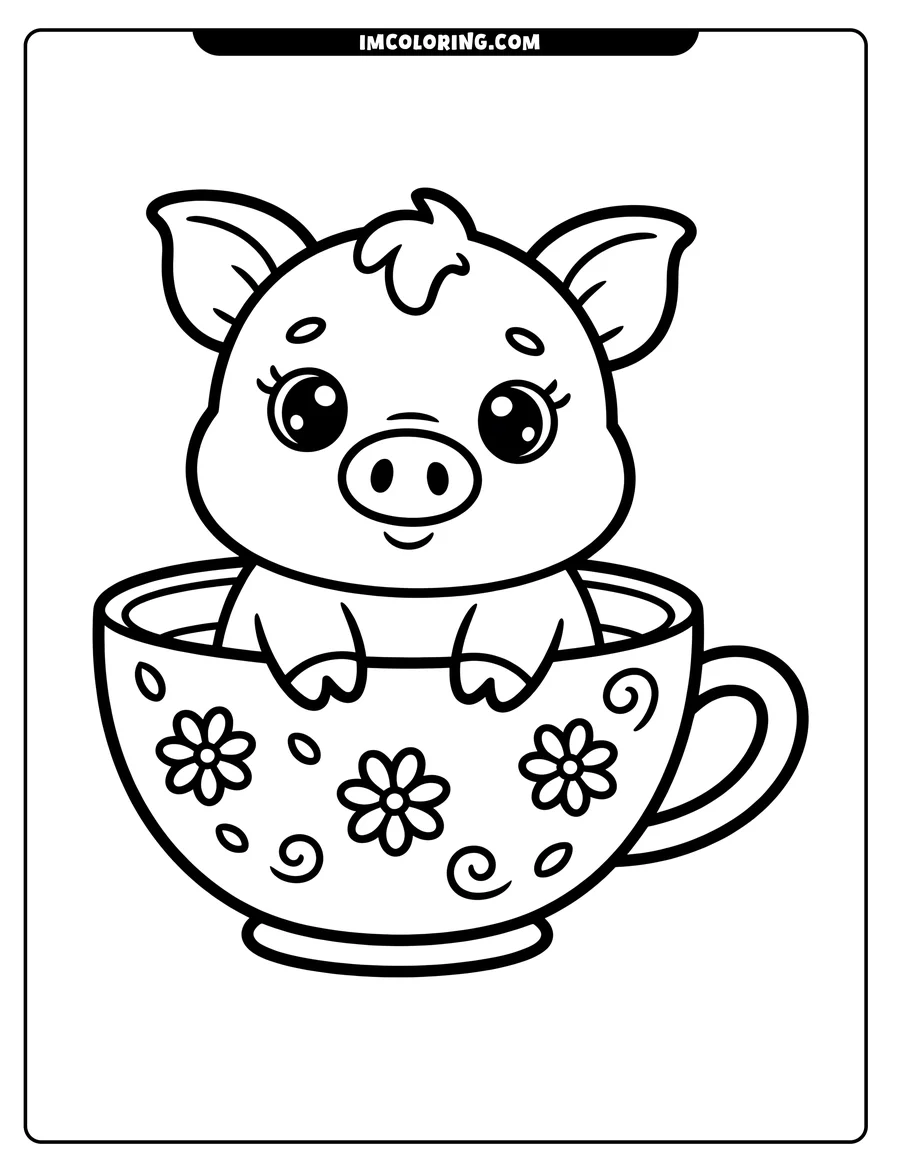 Outline of a cute pig sitting inside a decorated teacup.