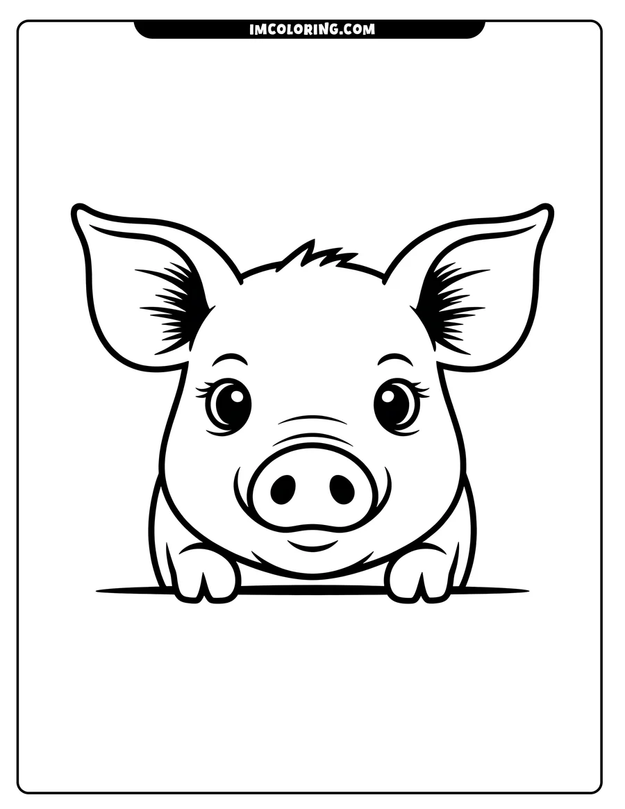 Outline of a cute pig peeking over a horizontal edge. It looks at the viewer expectantly.