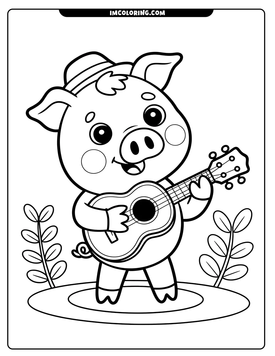 Line art of a pig playing a ukulele. The pig is wearing a hat and stands on a small patch of ground between two leafy plants.