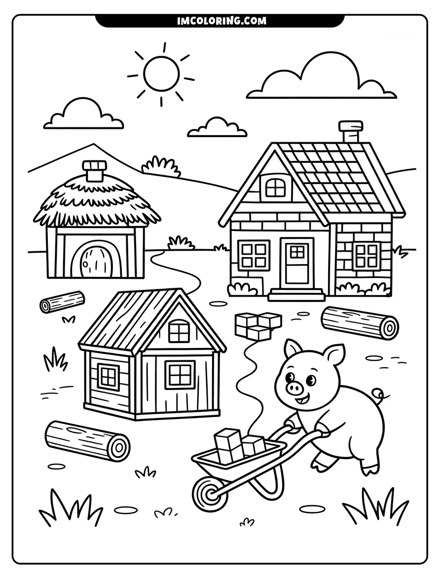 Line art of a pig pushing a wheelbarrow filled with bricks near two houses, one thatched and one brick.