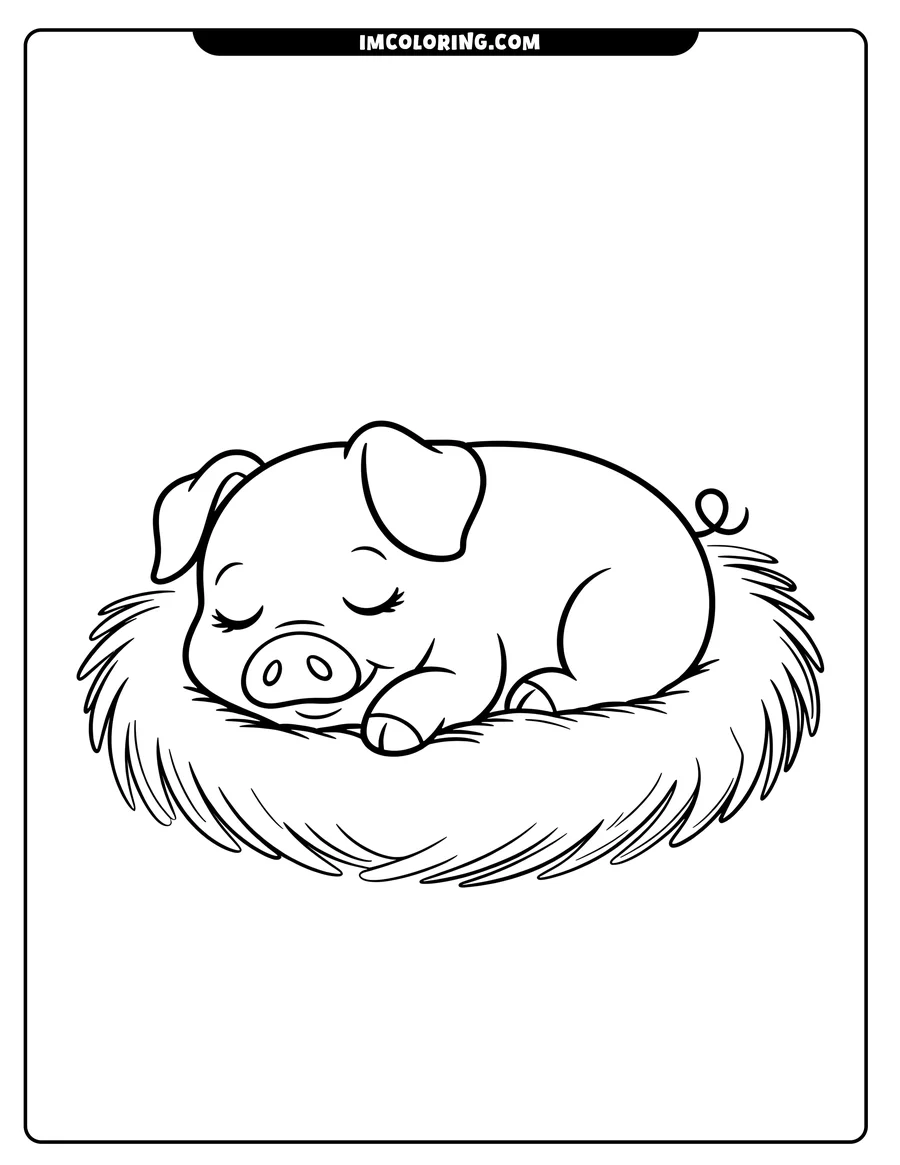 Line art of a pig sleeping in a bed of hay.