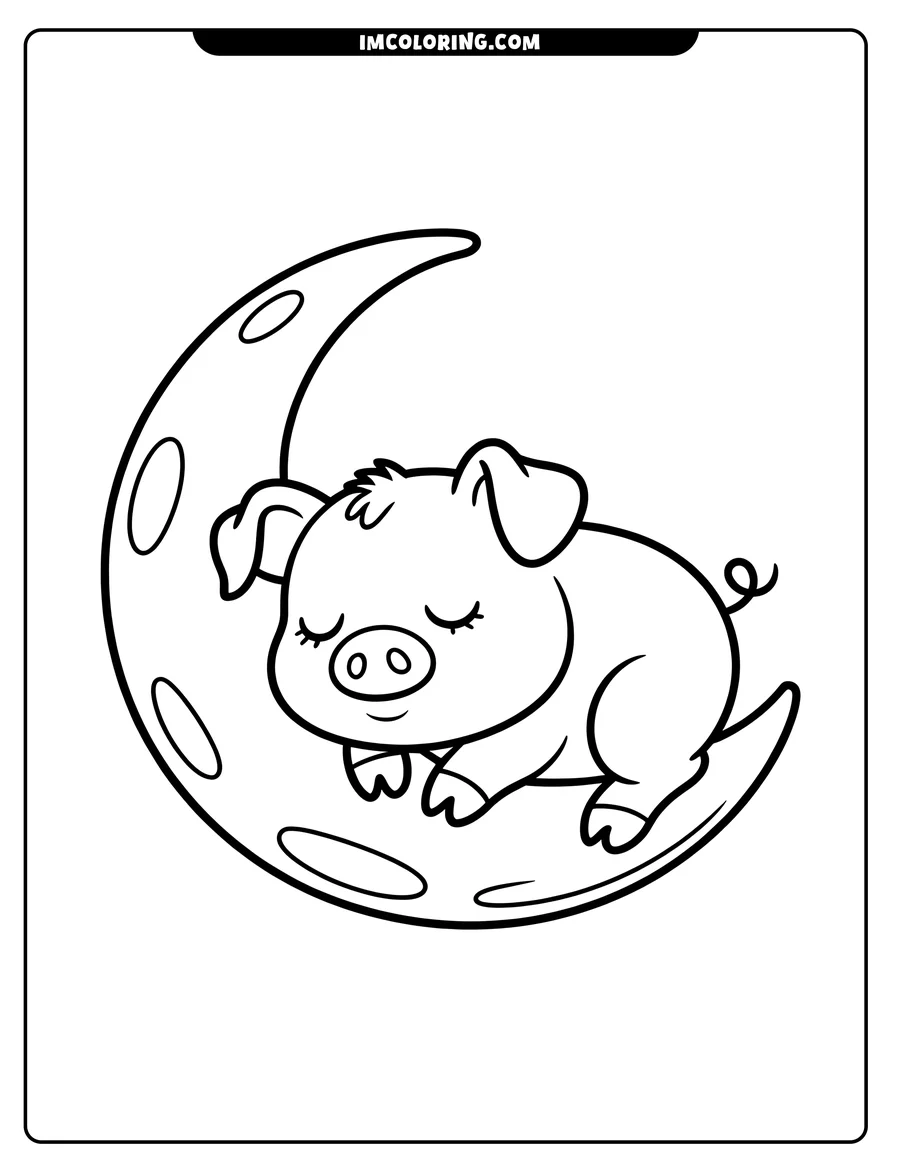 Outline of a cartoon pig sleeping peacefully on a crescent moon. The pig has closed eyes, a curled tail, and is lying on its belly.