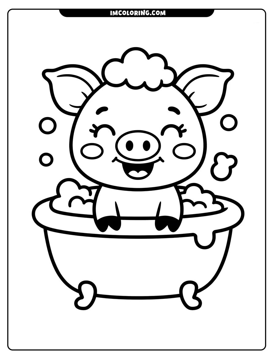 Outline of a happy pig taking a bubble bath in a bathtub.