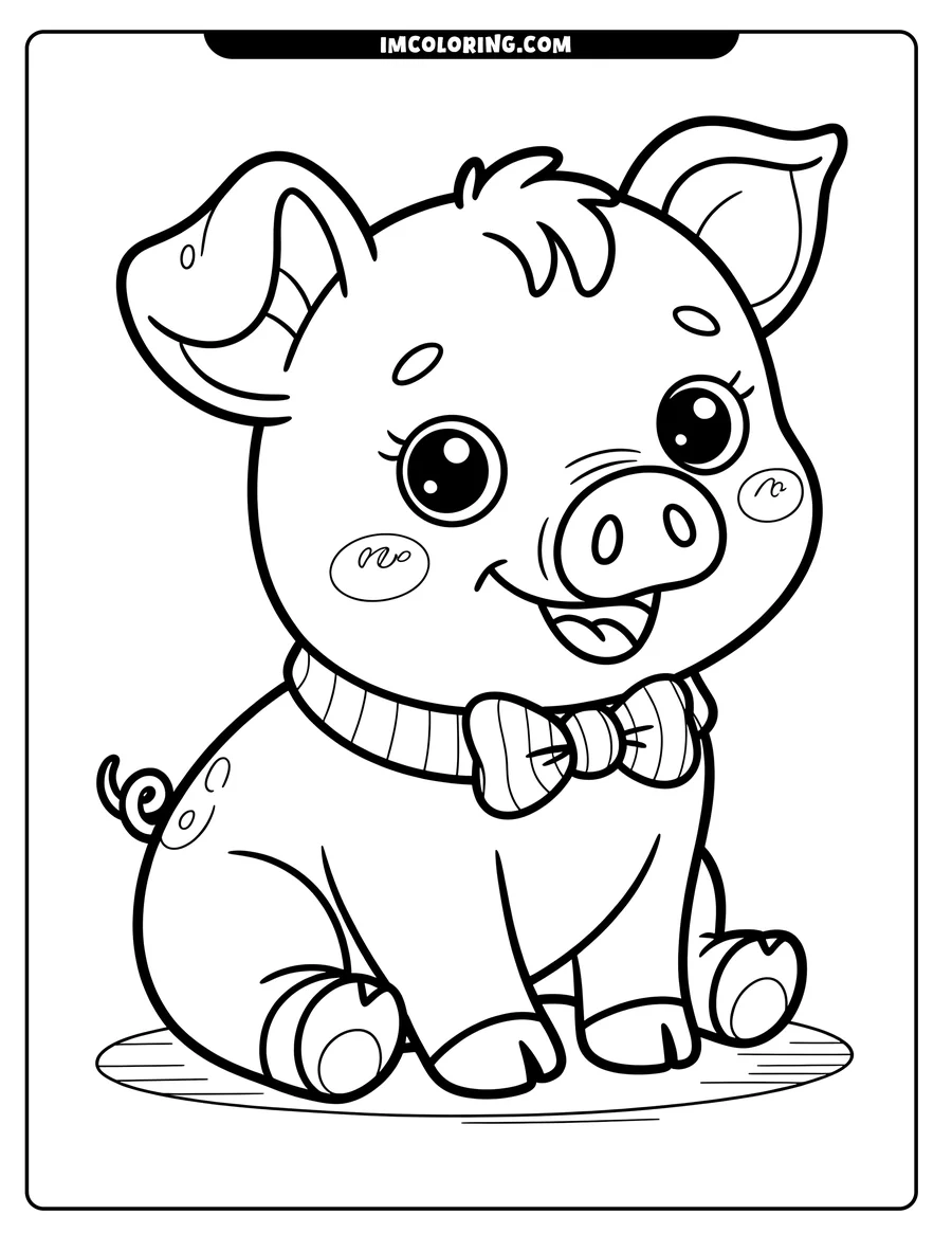 Outline of a pig wearing a striped bow tie, sitting and smiling