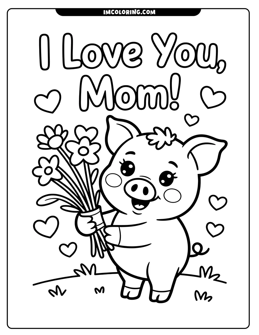 Outline of a cheerful pig holding a bouquet of flowers with hearts and the words 'I Love You, Mom' in the background.