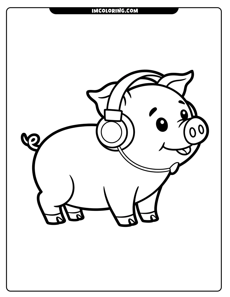 Outline of a pig wearing headphones, ready to be colored.
