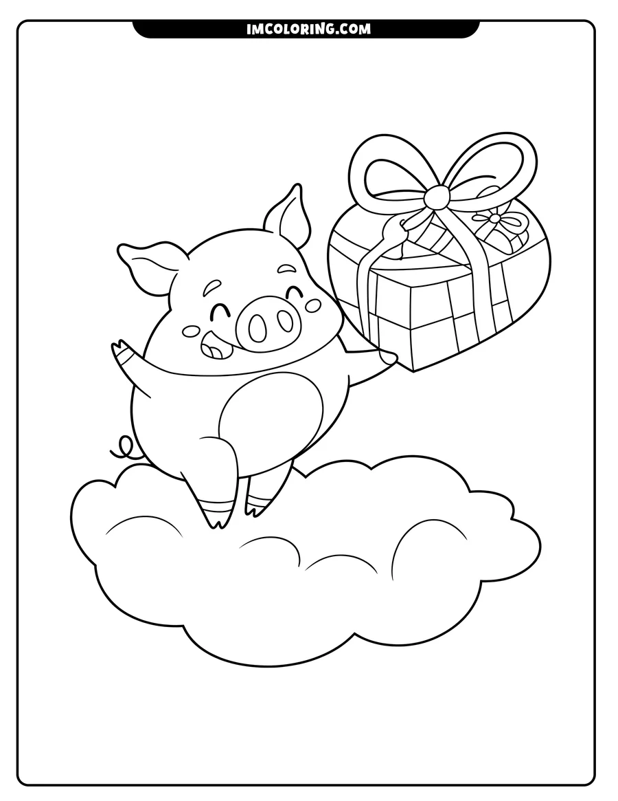 Line art of a pig sitting on a cloud, holding a heart-shaped gift decorated with a ribbon and bow.