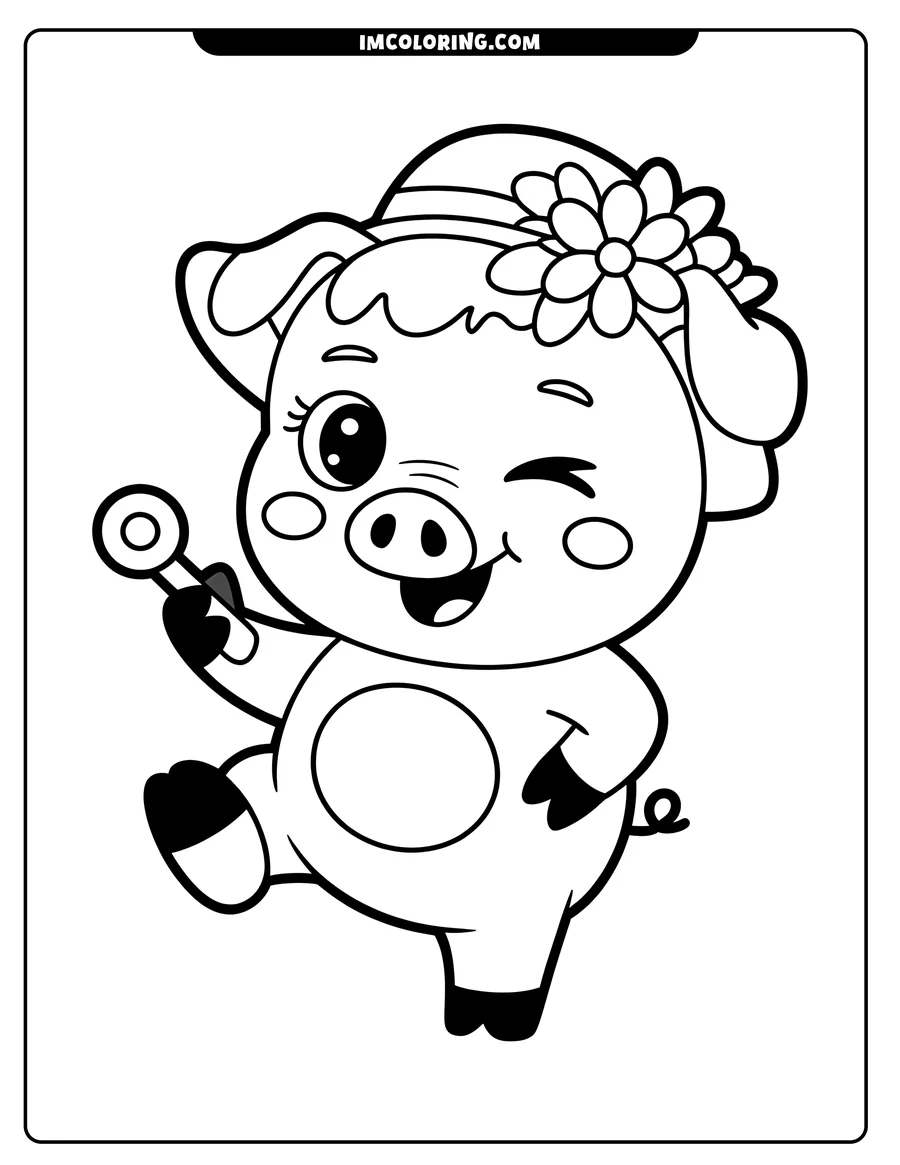 Line art of a cheerful pig winking and holding a lollipop, wearing a hat with a flower.