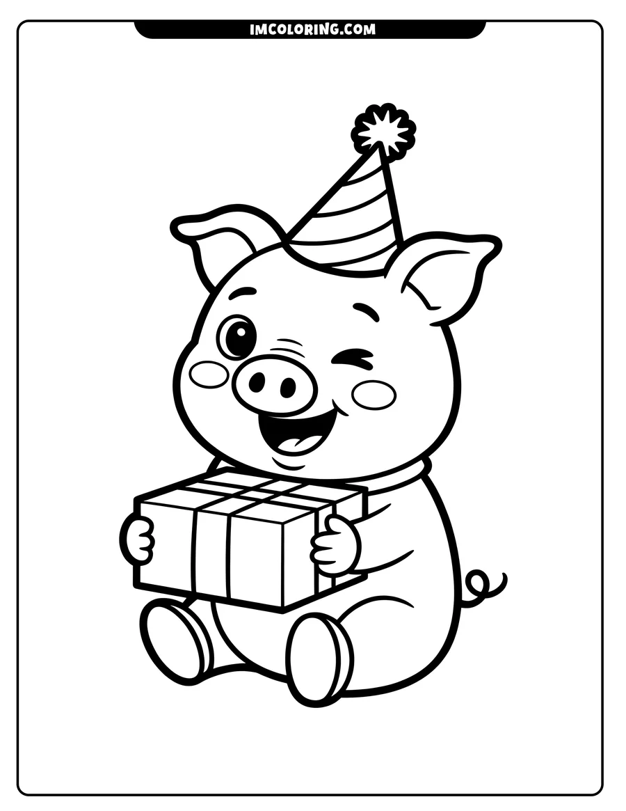 Line art of a pig wearing a party hat and holding a present.