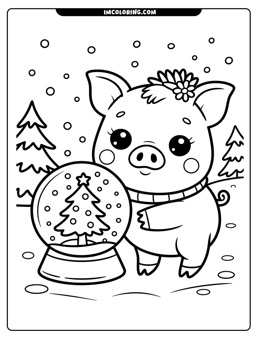 Outline of a pig with a flower in its hair and a scarf around its neck, standing next to a snow globe containing a Christmas tree. Two pine trees are in the snowy background.
