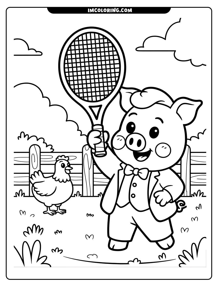 Line art of a pig in a suit holding a tennis racket, with a chicken and fence in the background.