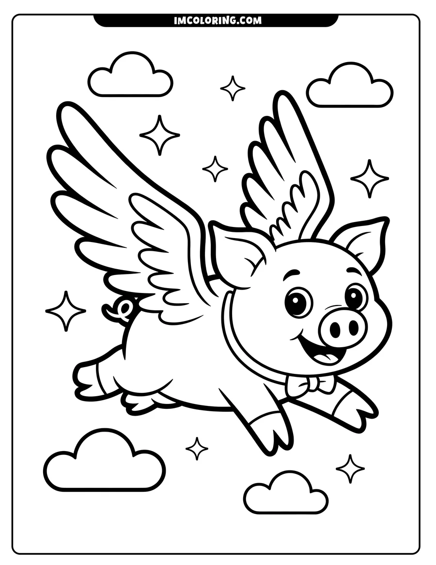 Line art of a pig with large wings flying amongst clouds and stars. The pig is wearing a bow tie.
