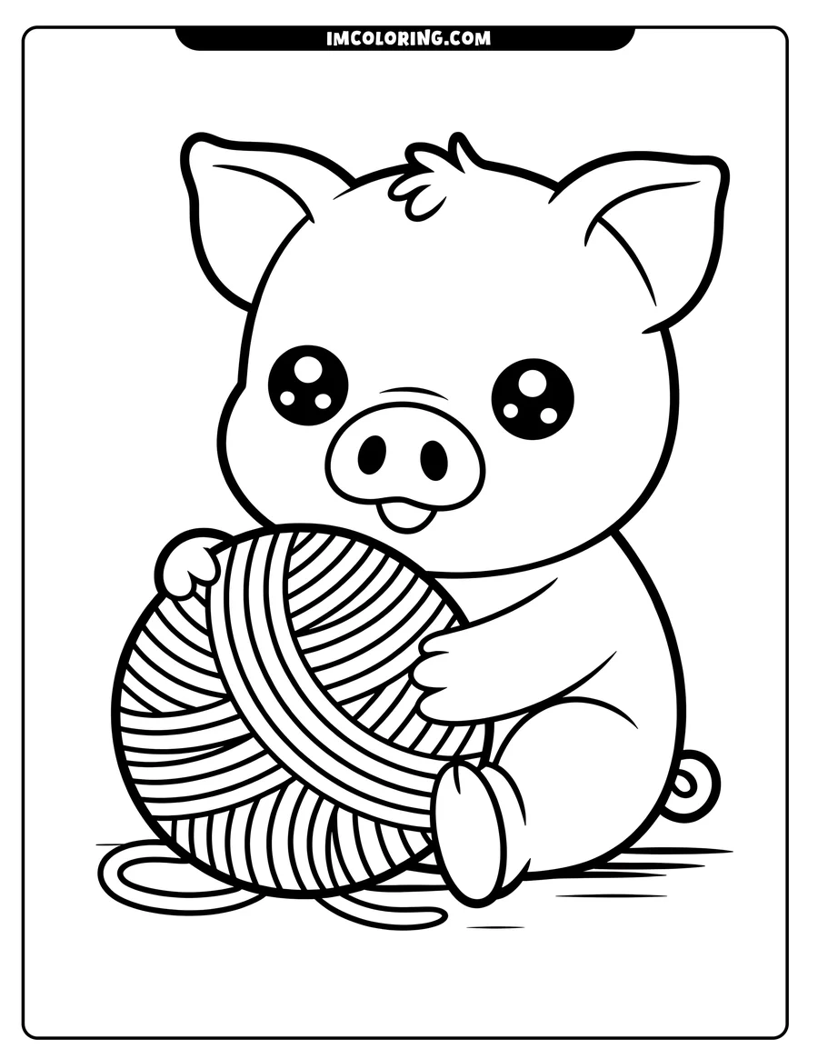 Outline of a cute cartoon pig sitting and holding a ball of yarn.