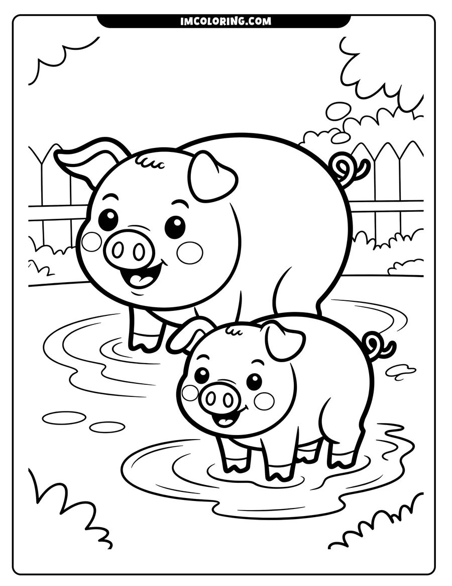Two happy pigs playing in mud puddles near a fence. A larger pig and a smaller pig are depicted in a simple, cartoon style.