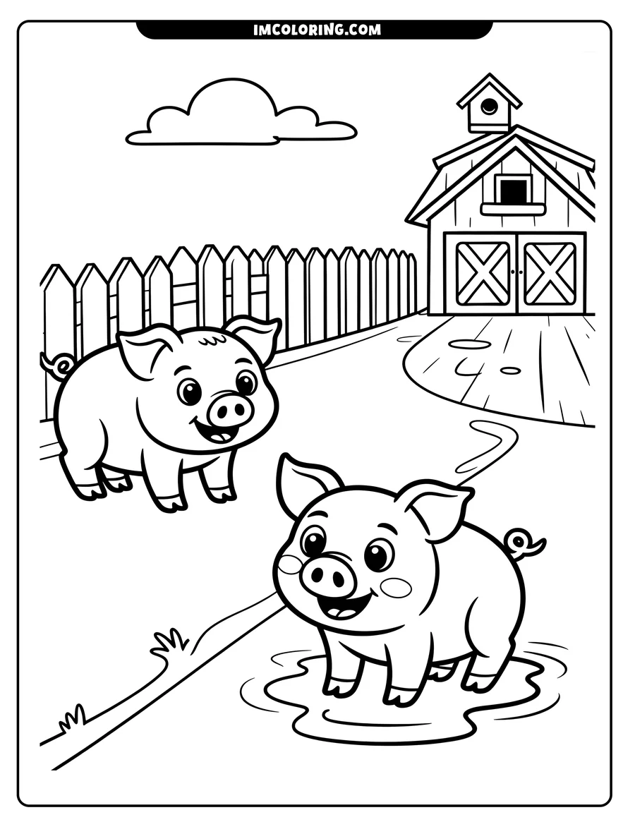 Two cartoon pigs on a farm, with one standing near the fence and the other in a puddle, next to a barn with a birdhouse on it.