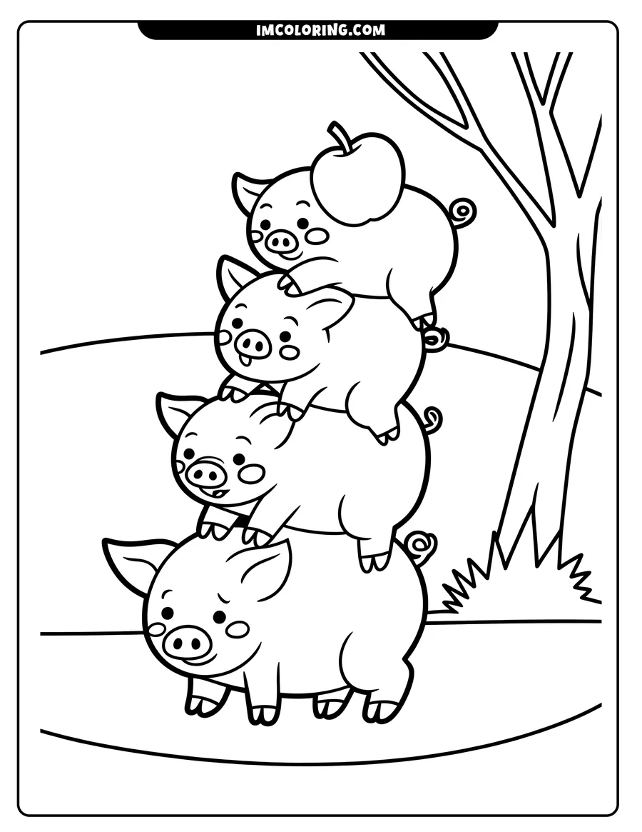 Four pigs stand stacked on one another beneath an apple tree. An apple rests on the top pig's head. The pigs have rounded bodies, curly tails, and cheerful expressions.