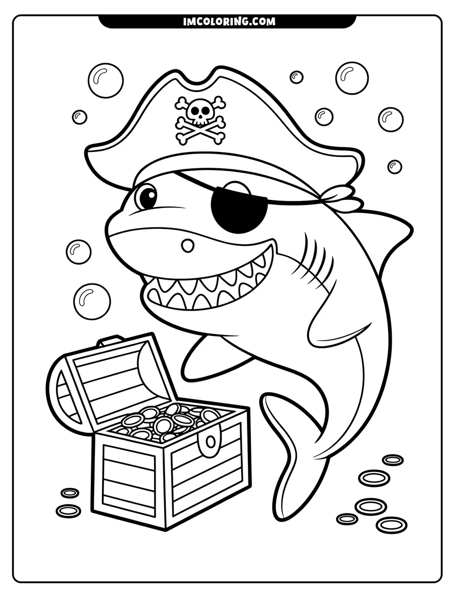 Outline of a cartoon pirate shark with a treasure chest. The shark is smiling and wearing an eye patch and pirate hat with a skull and crossbones. The chest is open, revealing gold coins.