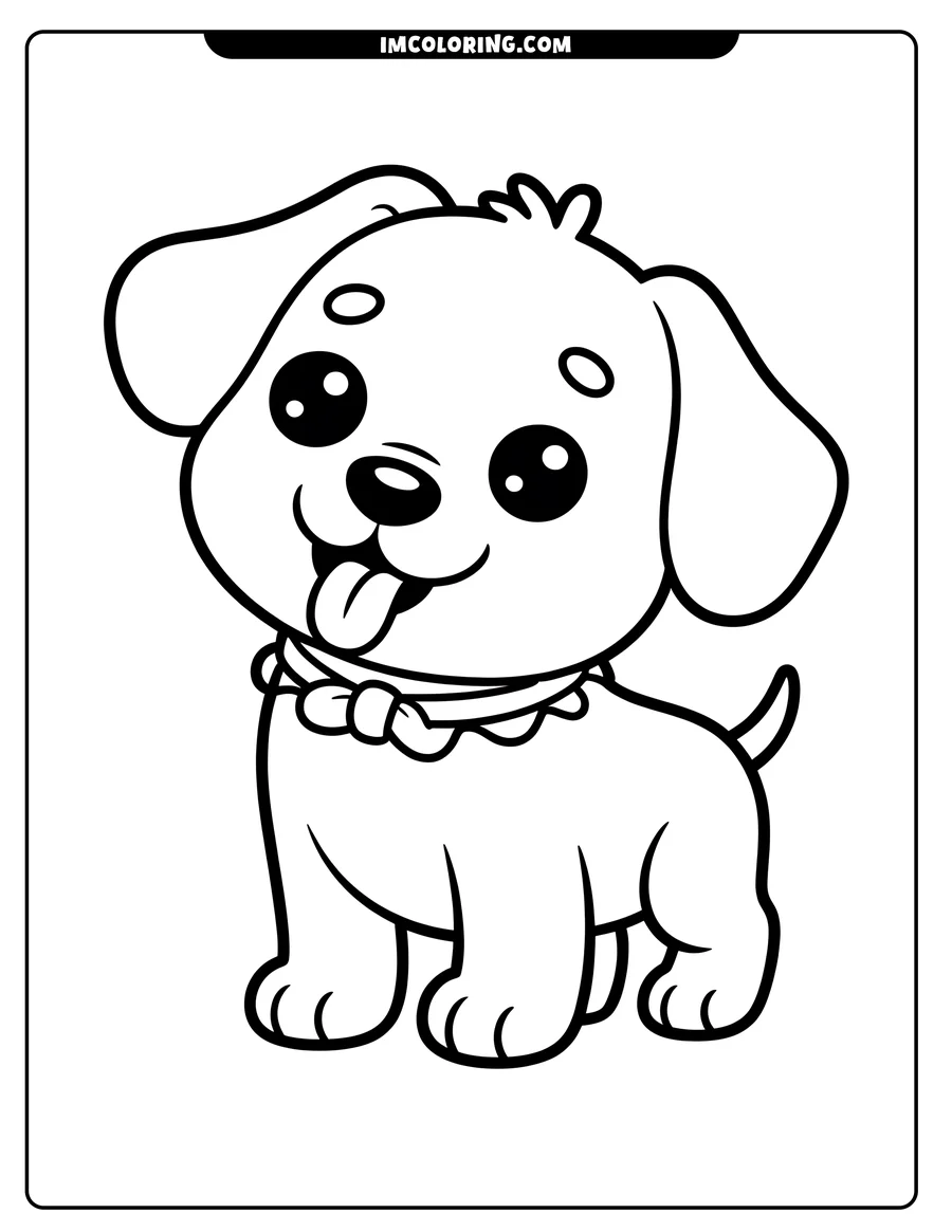 Line art of a playful puppy panting with its tongue out, wearing a collar with a tag.