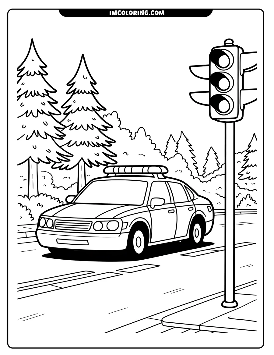 Line art of a police car driving towards a traffic light on a tree-lined street.