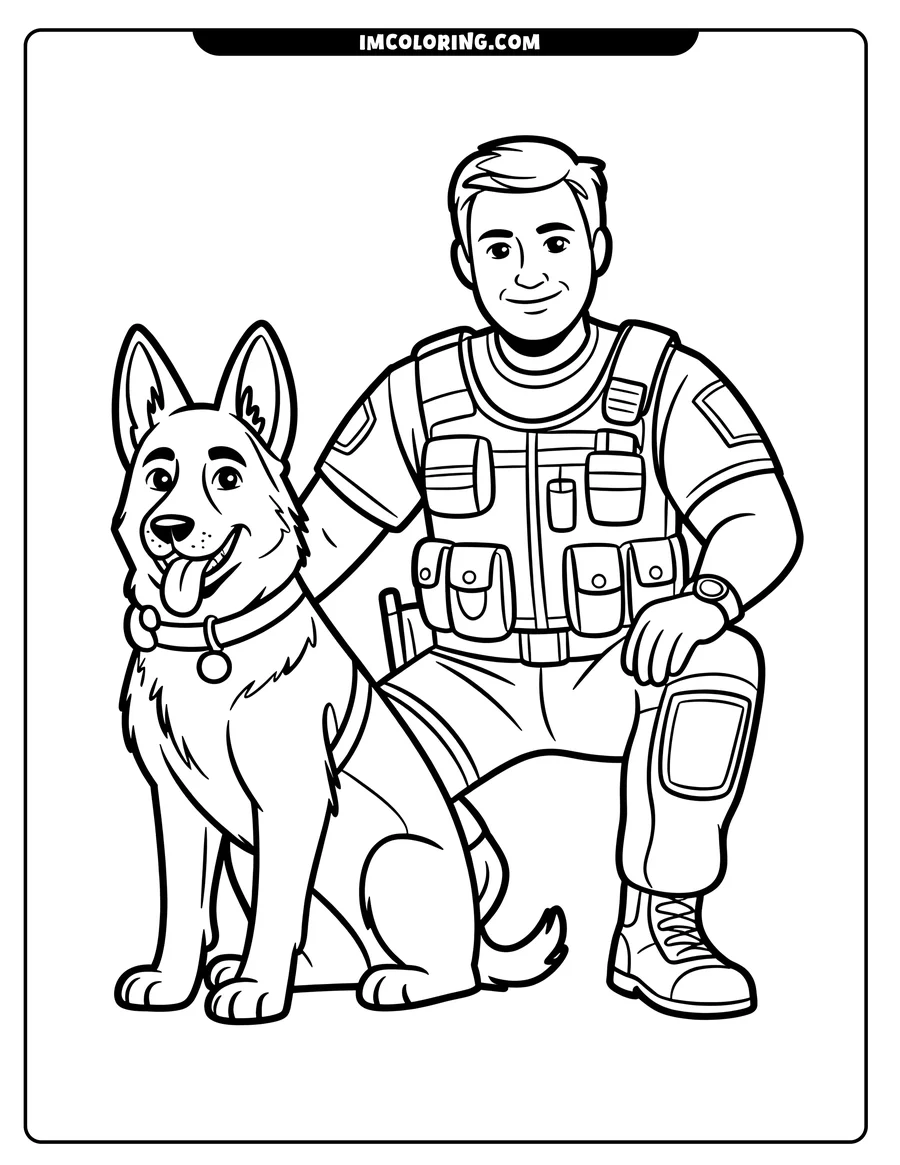 Line art of a police officer kneeling next to a German Shepherd dog. The officer wears a tactical vest and boots, and the dog has a collar and tag.