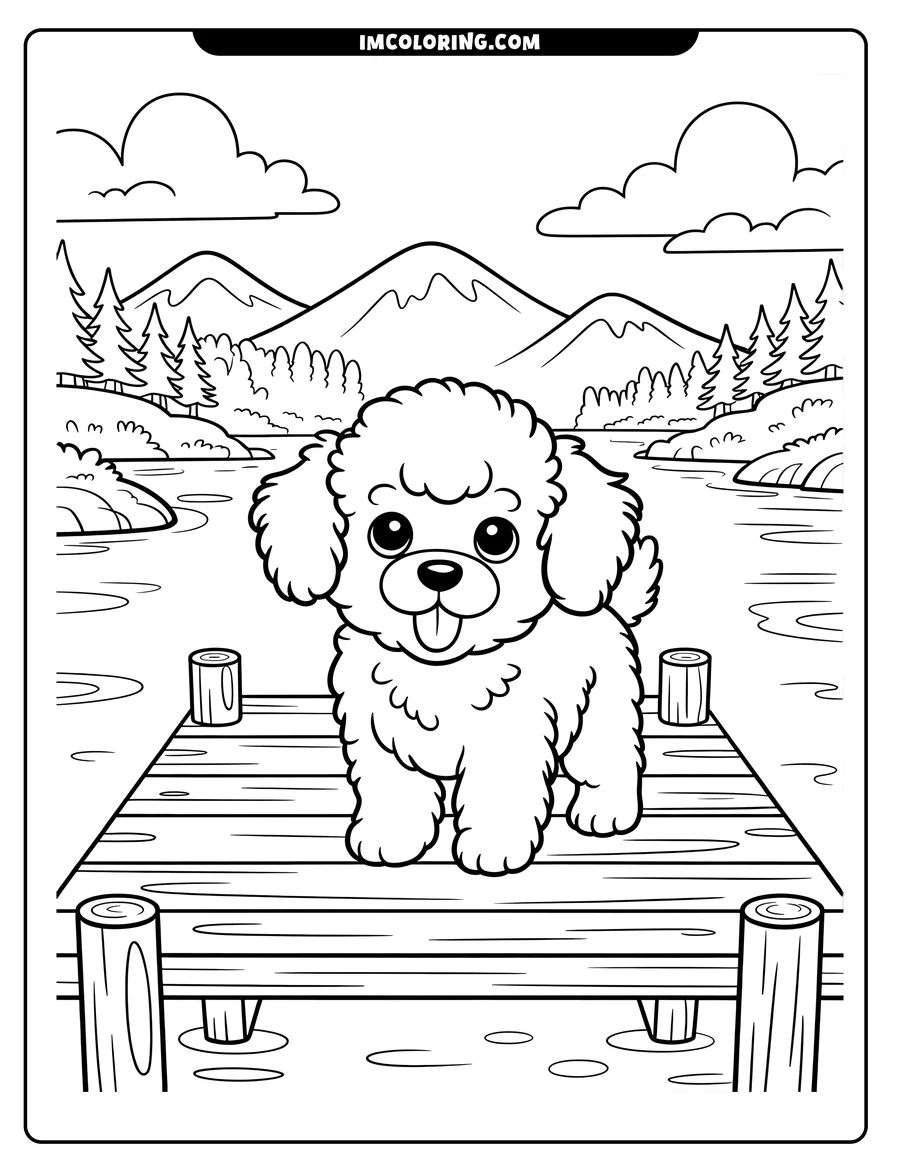 Line art of a poodle standing on a wooden dock by a lake. Mountains and trees are visible in the distance.