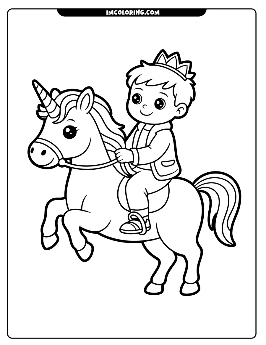 Line art of a prince riding a unicorn. The prince wears a crown and the unicorn has a striped horn and tail.