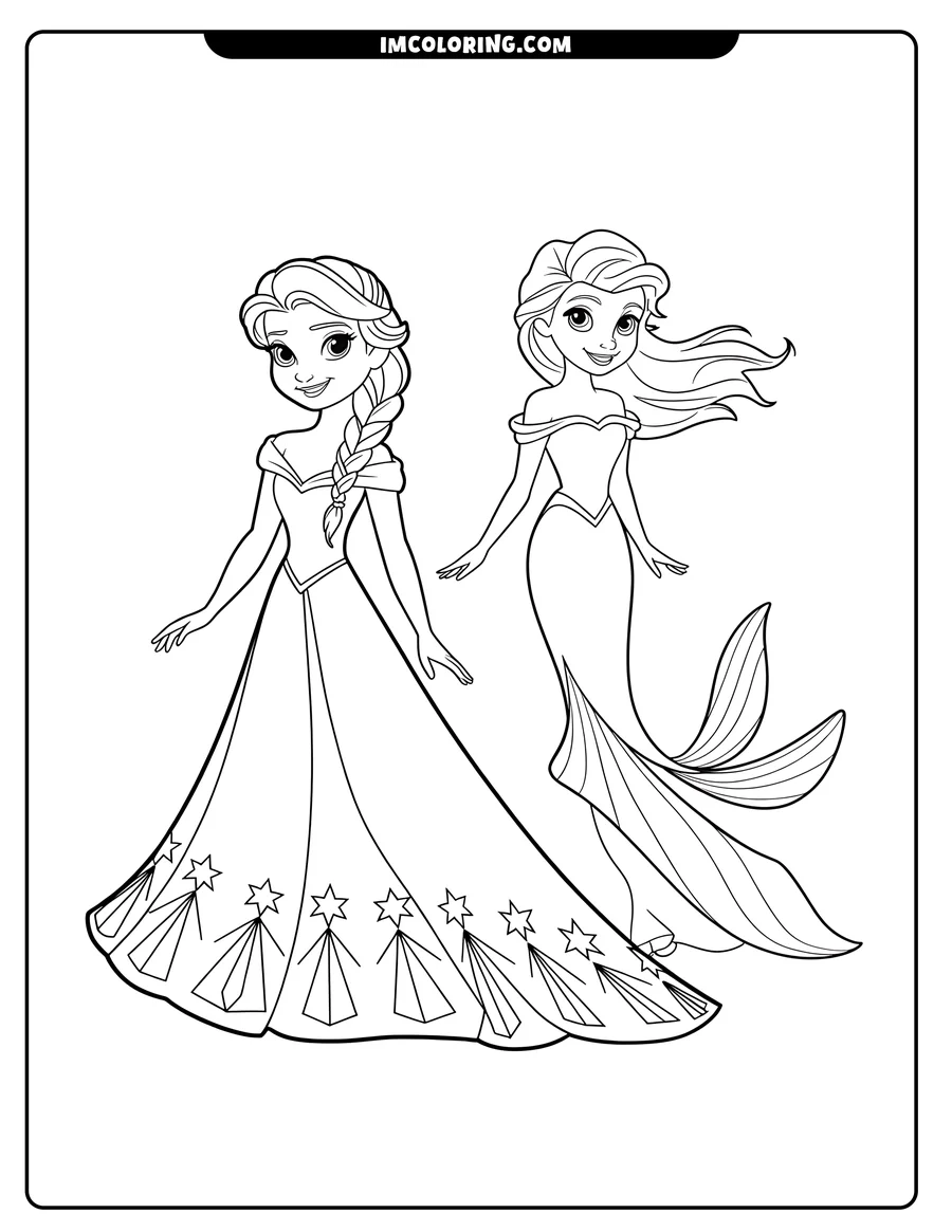 Line art of a princess in a gown standing next to a mermaid with long, flowing hair and a patterned tail.