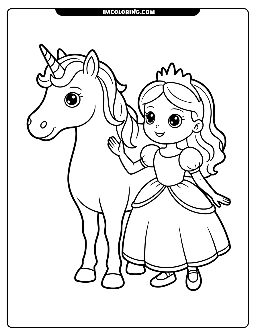 Line art of a princess with her unicorn.