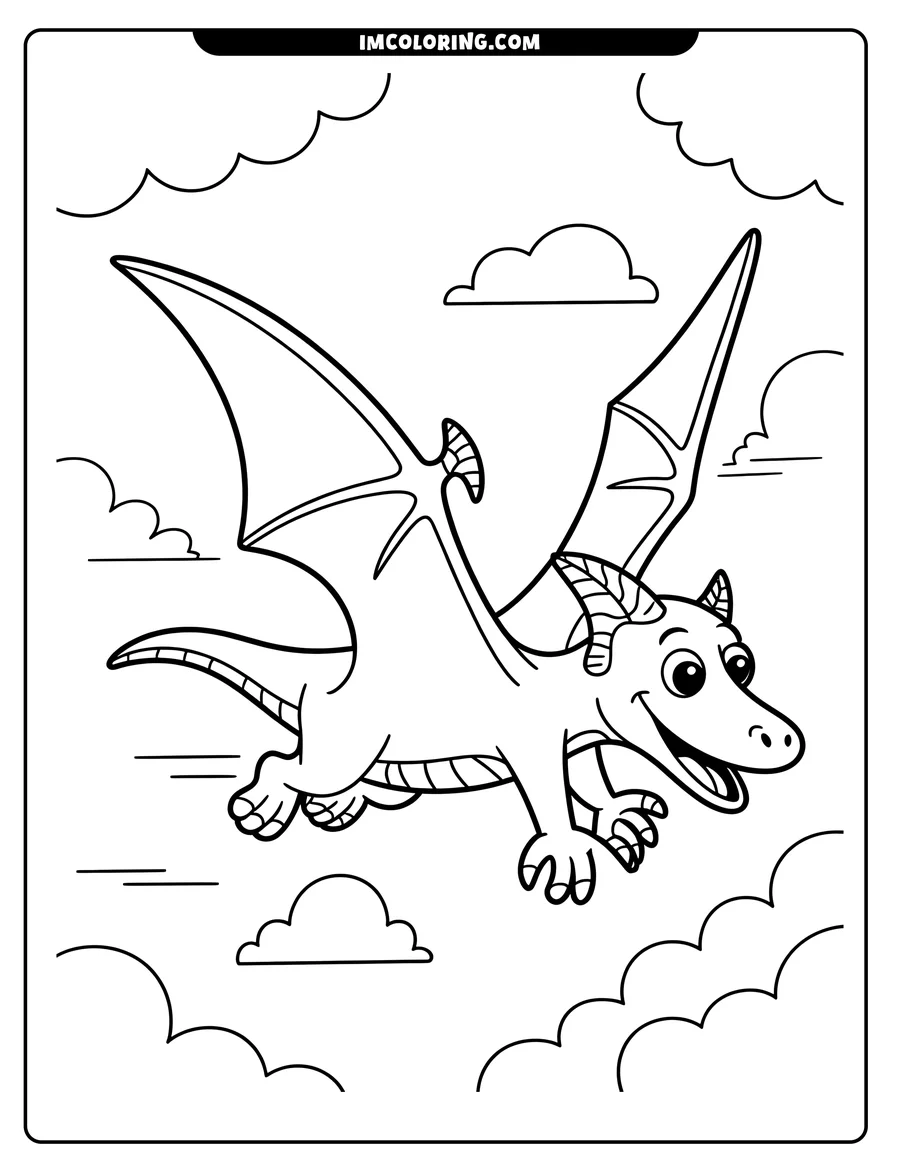 Line art of a pterodactyl with large wings flying among fluffy clouds. It has a smiling face and banded tail.