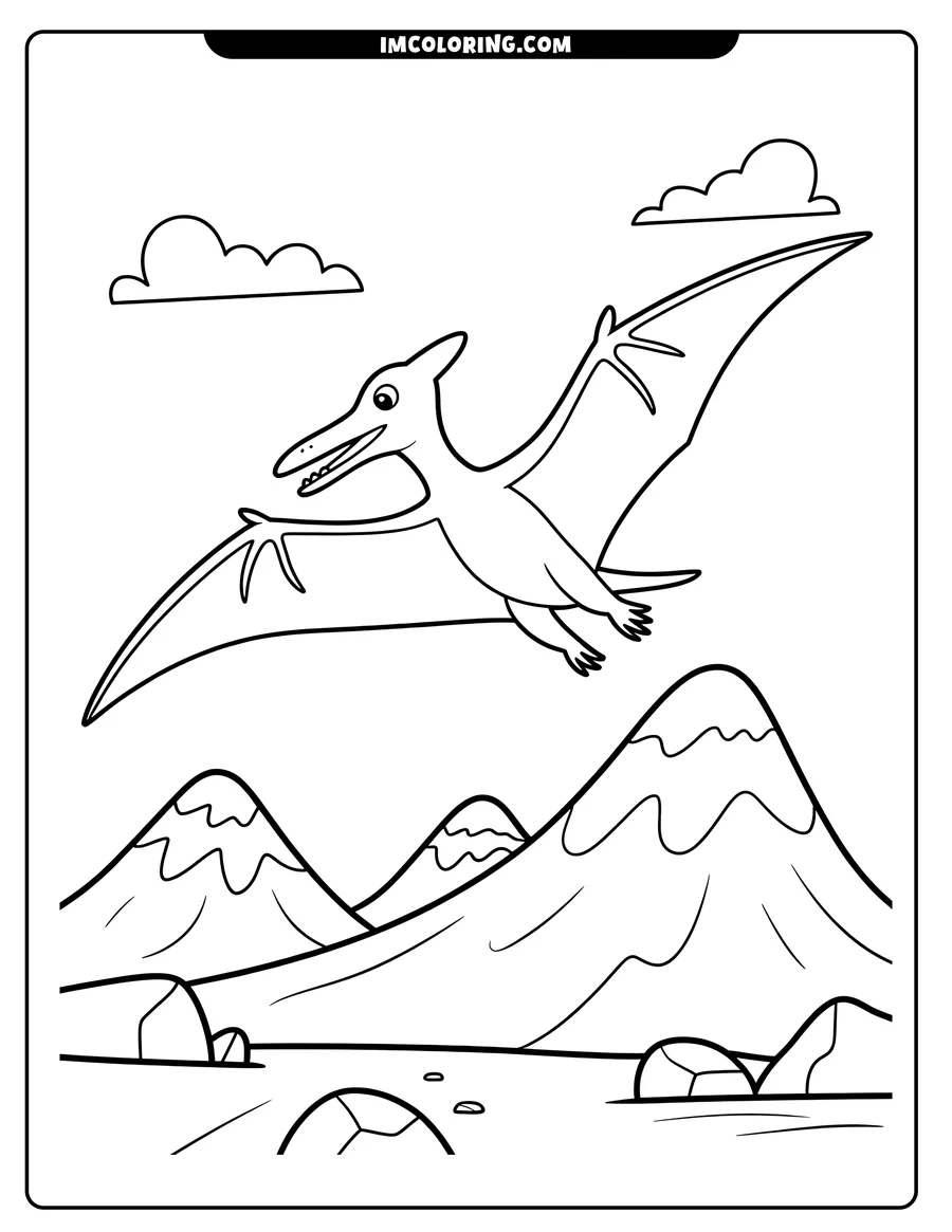 Line art of a pterodactyl flying over a simple mountain range.